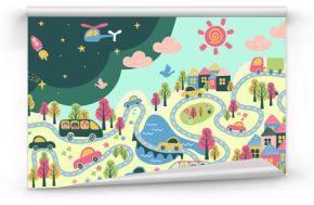 giant kind poster with city life - cars, school buses, roads, night and day, buildings, trees, flowers, bridge, river, lake, moon, sun, rail, clouds, sun - flat hand drawn vector illustration