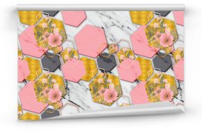 3d illustration, large pink and gold with flowers hexagons on gray marble background