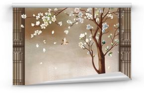 3d illustration, spotted blurred background, brown vertical frames, tall tree with magnolia flowers