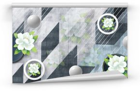 3d illustration, abstract grunge striped background, white rings, white shiny balls and large white flowers