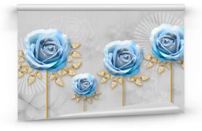 3d illustration, large blue roses with jewelry leaves on a gray background