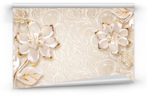 3d illustration, beige ornamental background, large white abstract gilded flowers