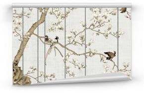 Light textured background, white magnolia flowers on a tree and birds