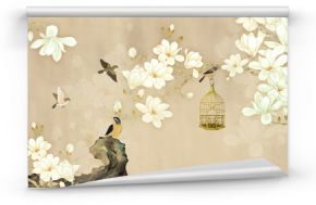 3d illustration, beige background, white magnolia flowers on a branch, birds