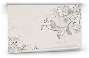 3d illustration, beige embossed background, gray ornamental lilies and white gilded ceramic rose buds