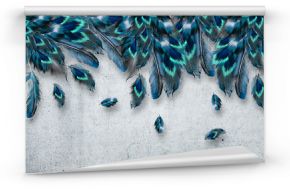 3d illustration, gray grunge background, large blue-green feathers falling from above