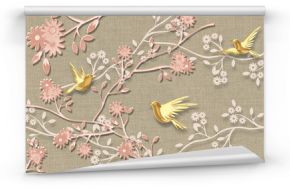 3d illustration, beige blurred fabric background, abstract pink flowering plants and golden birds