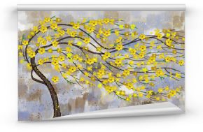 3d illustration of a thin tree curved in the wind with yellow flowers on a dark spotted grunge background