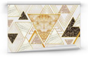 3d illustration, abstract geometric pattern with marble triangles and golden triangular frames on a light background