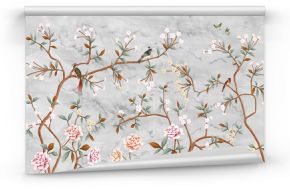 Thin branches with pink flowers on a gray marble background