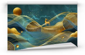 3d illustration, abstract green and gold landscape, waves, deer, water, golden balls
