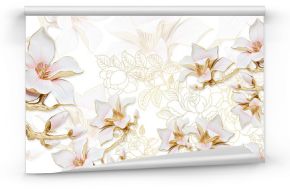 3d illustration, light background with the contours of peonies, large gilded pink magnolia flowers