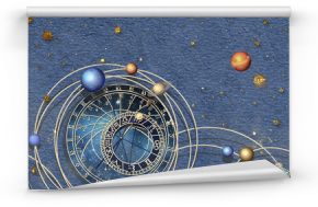 3d illustration, planets of the solar system, dial, zodiac signs, stars