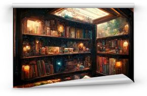  Bookcase with old books in the interior. Bookstore, library, bookshelves in a dark room with a window. 3D illustration.