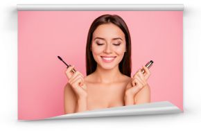 Close up portrait of girlish gorgeous holding eyelash in shop she her girl showing long lashes action to customers by closing eyes wearing pink underwear isolated on pink background