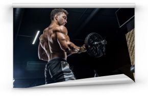 A young brutal male athlete is a bodybuilder with a perfect abs, exercising in the gym. Concept - strength, bodybuilding, styrodes, weightlifting, diet, muscles, sports nutrition, personal trainer