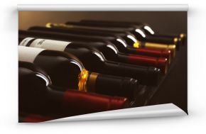 Bottles with delicious wine on shelf, closeup. Professional sommelier