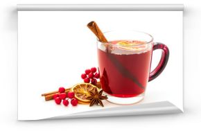 Hot red mulled wine isolated on white background with christmas spices, orange slice, anise and cinnamon sticks