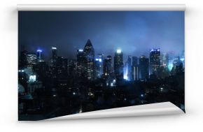 Miasto Nowy Jork w mglistą noc ze świecącymi światłami