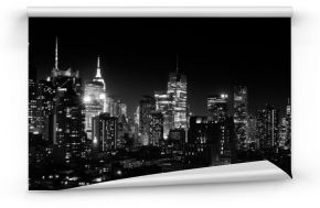 Panoramiczny nocny widok na centrum Manhattanu i Hell& 39 s Kitchen, czarno-biały
