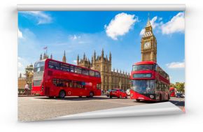 Big Ben, Westminster Bridge, czerwony autobus w Londynie
