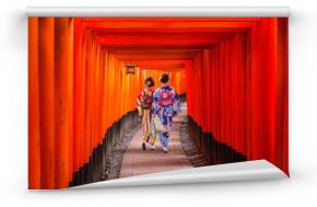 Women in traditional japanese kimonos walking at Fushimi Inari Shrine in Kyoto, Japan
