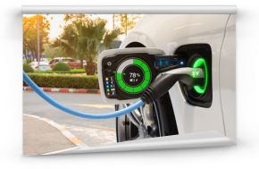 Elektryczny pojazd zmienia na ulicznym parking z graficznym interfejsem użytkownika, Przyszłościowy EV samochodu pojęcie