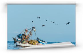 flock of birds and fishing boat in the peruvian coast at Piura P