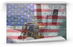 American flag grunge design effect against close up of fishing rod on a boat