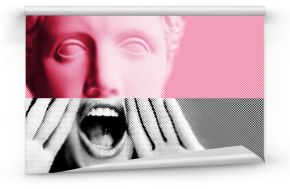 Contemporary collage of plaster statue head in pop art style tinted pink and emotional fashion young woman screaming like in megaphone holding hands near her face with open mouth.