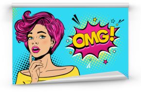 Wow female face. Sexy surprised young woman with open mouth and pink hair, bright makeup and OMG! speech bubble. Vector colorful background in pop art retro comic style. Party invitation poster.