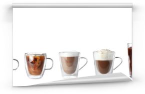 Zestaw z różnymi rodzajami napojów kawowych na białym tle szeroka