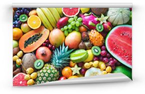 Fototapeta Asortyment kolorowych dojrzałych owoców tropikalnych - widok z góry do kuchni