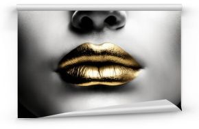 Golden lipstick closeup. Gold metal lips. Beautiful makeup. lips, bright lip gloss paint on beauty model girl's mouth, close-up. Lipstick. Black and white image, Generative AI