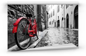 Czerwony rower na brukowanej uliczce na starym mieście czarno-biała XL