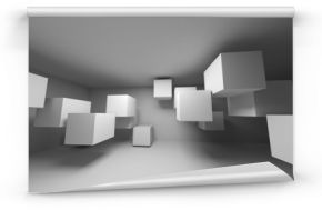 Abstrakcjonistyczny biały wnętrze z latającymi sześcianami. Renderowania 3d