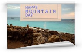 Image of happy mountain day over seascape and cloudy sky