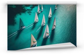 Beautiful sailboats sailing in a team on a sea of turquoise clarity was captured by an aerial drone. Generative AI
