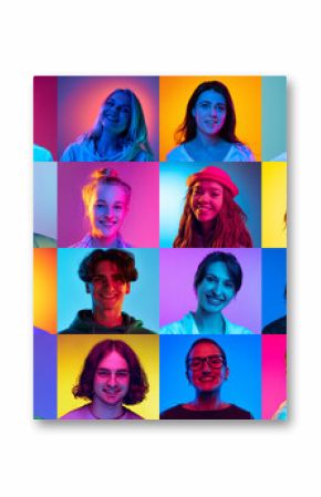 Collage made of portraits of young people of diverse age, gender and race posing, smiling over multicolored background in neon light. Concept of human emotions, youth, lifestyle, facial expression. Ad