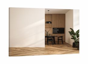 Modern interior design of apartment, kitchen, dining room with table and chairs, empty living room with beige wall, panorama.