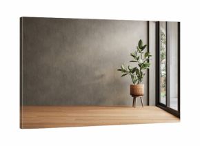 Modern interior design of apartment, empty living room with gray concrete walls, yard, panorama