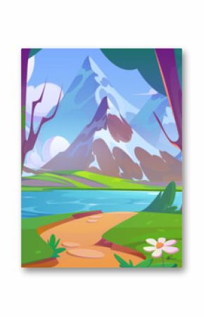 Cartoon summer landscape with forest, lake and mountains. Path leading to water pond or river in woodland with green trees and bushes, grass and daisy flowers near foot of rocky hills with snow.
