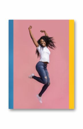 Group of excited young people mid-jump against colorful backgrounds