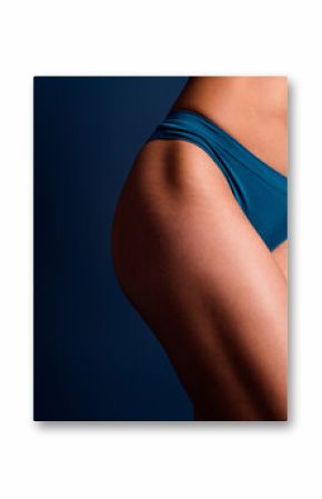 No filter cropped photo of lady buttocks underwear lingerie loving body positive empty space isolated blue color background