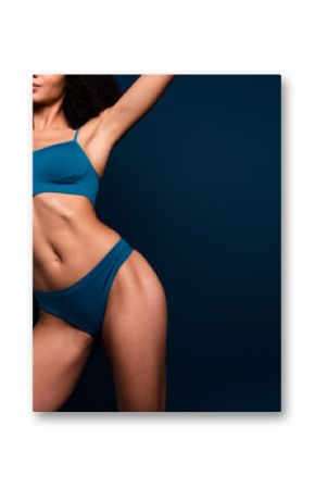 No filter cropped photo of pretty cute lady underwear lingerie accepting stretching marks skin empty space isolated blue color background