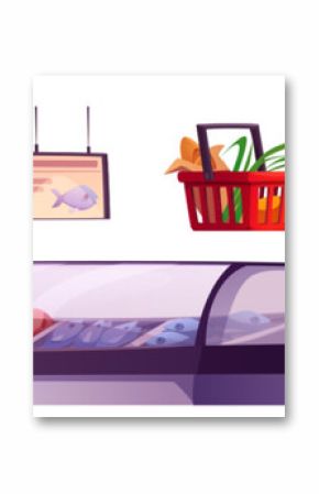 Grocery store aisle interior inside vector cartoon. Supermarket shelf and refrigerator for food. Basket, cart and fridge showcase for fish meat and vegetable to sell. Indoor mall furniture design set