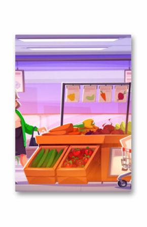 People in grocery supermarket. Store interior cartoon background. Shelf inside shop and mall aisle with food on rack. Woman holding basket in mall gastronomy department with vegetable showcase design