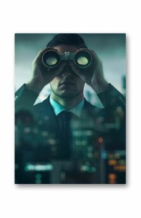 Businessman Searching Opportunities with Binoculars Overlooking Cityscape. Generative ai