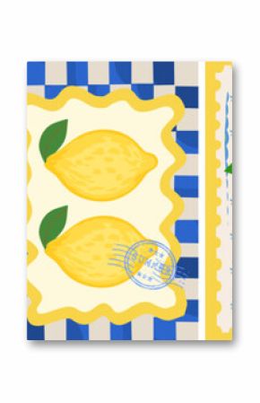 Summer. Lemons. Amalfi. Vector illustration of summer lemon, blue pattern, postage stamp and Italian Mediterranean striped invitation for poster, background, print or card