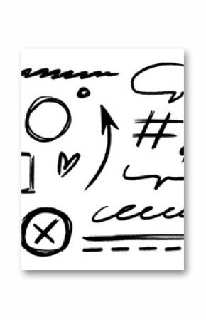 Hand drawn line chalk brush stroke arrow icon set. Chalk crayon underline, check mark, scribble and texture in rough hand sketch style. Drawn heart, frame, star design shapes. Vector illustration